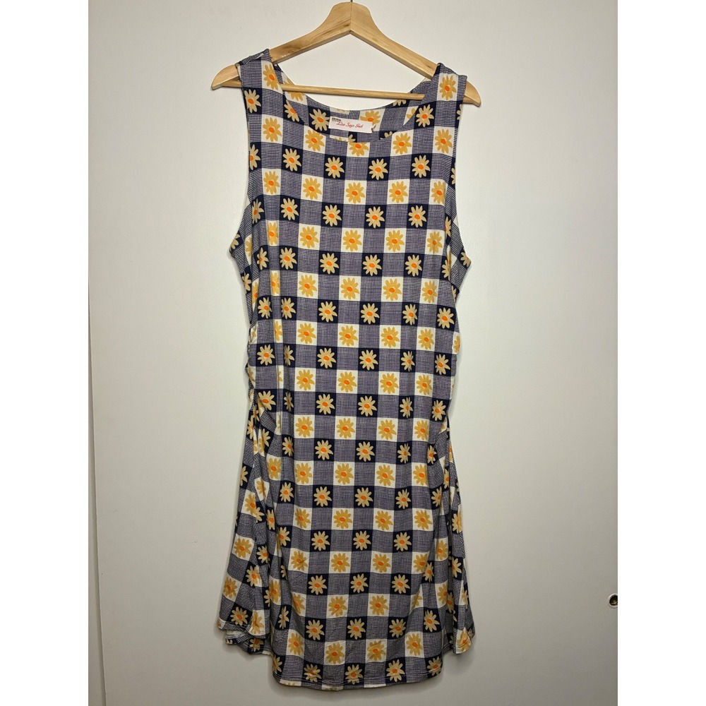 Lisa Says Gah Dress Women 2XL Blue White Daisy Gingham Ruched Back Midi Tank